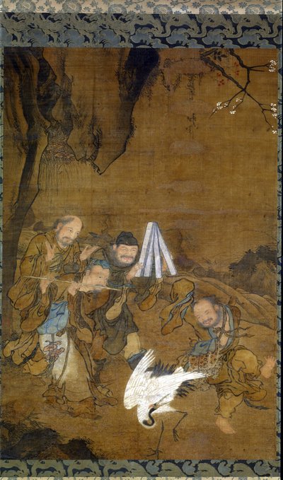 Immortals Dancing with a Crane (blæk & farve på silke) af Jun Liu