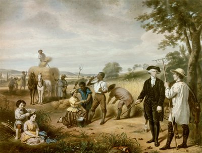 Landmanden Washington: George Washington (1732-1799) på markerne ved Mont Vernon, hans plantage i jarlen af Fairfax, Virginia. I nederste venstre hjørne er repræsenteret hendes to stedbørn, John og Martha Parke Custis. Litografi af Junius Brutus Stearns