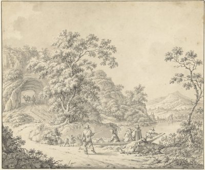 Landskab med en båd, hvori en hyrde med sin flok af Jurriaan Andriessen (attributed to)