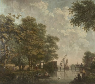Tre vægbeklædninger med hollandsk landskab Tapet maleri af et hollandsk landskab med en åben bro Tre tapetmalerier af et hollandsk landskab af Jurriaan Andriessen (attributed to)