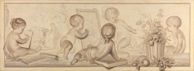 Seks Putti med Blomster og Frugt og Tegnekunstens Attributter af Jurriaan Andriessen (signed by artist)