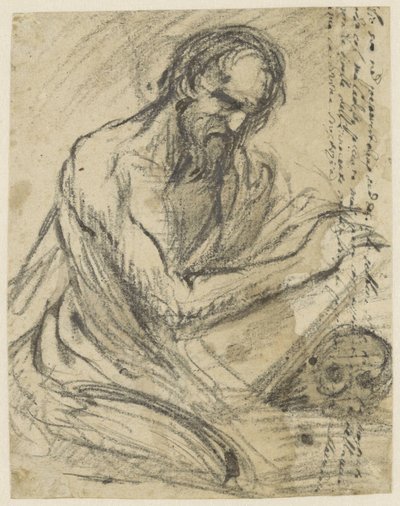 H. Hieronymus, skriver i en bog, han holder over et kranie af Jusepe de Ribera