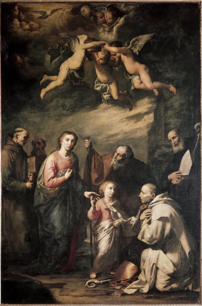 Den hellige familie med Saint Bruno fra Köln og andre hellige - den hellige familie med Saint Bruno fra Köln og andre helgener. Maleri af Jose (JUSEPE) fra Ribera, Dit Lo Spagnoletto (1591-1652) af Jusepe de Ribera