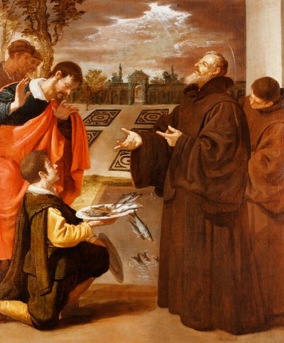 Sankt Frans af Paola velsigner fisken, af Jusepe or Jose Leonardo
