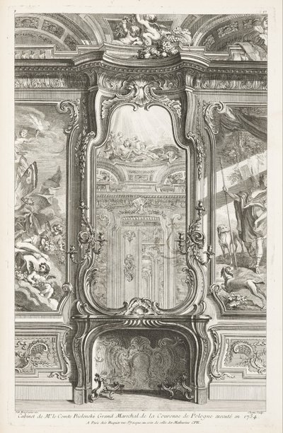 Kabinet for hr. Grev Bielenski stormarskalk af den polske krone henrettet i 1734; Chiminée med glas, med en del af støttepanel og malerier på hver side, 1. plade af Juste Aurèle Meissonnier