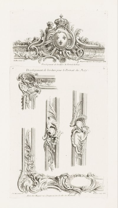 Design af Cartouche med kongens arme centreret i en grænse af Juste Aurèle Meissonnier