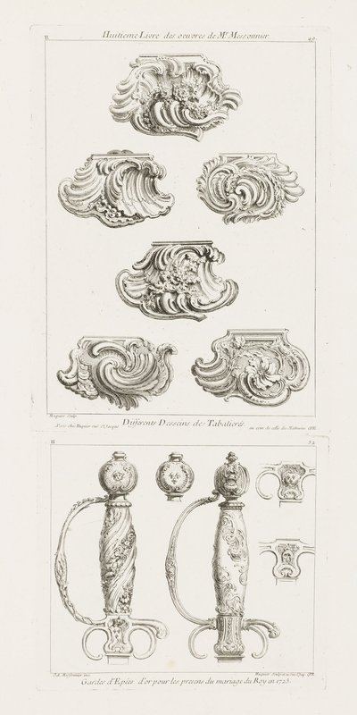 Differents Desseins de Tabatieres, premiere planche [Different Designs for Snuff Boxes], s. 49 i Oeuvre af Juste Aurèle Meissonnier