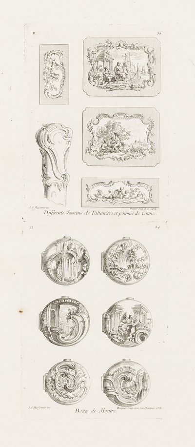 Forskellige designs til snusbokse og et rørhåndtag, 5. plade, pl. 53 i arbejde af Juste-Aurèle Meissonnier af Juste Aurèle Meissonnier