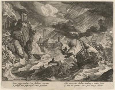 Jonah smidt i det stormfulde hav af Justus Sadeler after Paul Bril