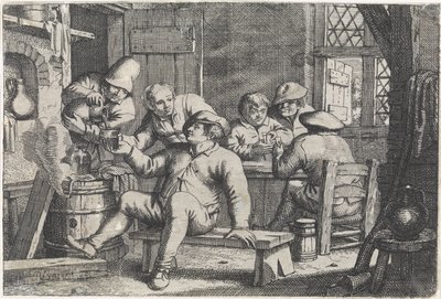 Interiør med landmænd, der spiller kort af Justus van den Nijpoort