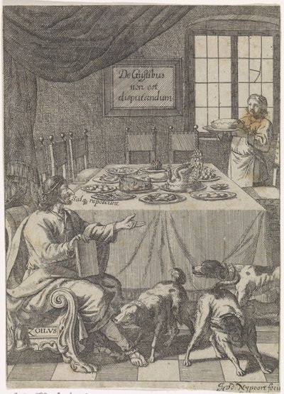 Zoilus sidder ved et dækket bord De Gustibus non est disputandum (titel på objekt) af Justus van den Nijpoort