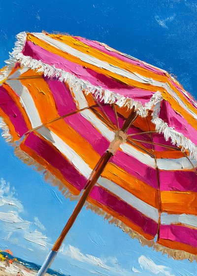 Lyserød-orange strandparasol af Justyna Jaszke