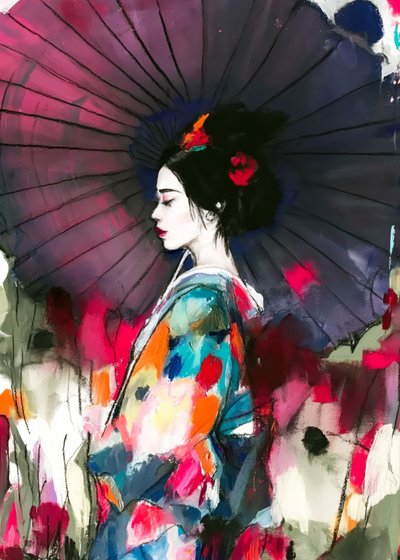 Et livligt portræt af en geisha med paraply af Justyna Jaszke
