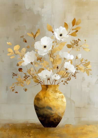 Hvide blomster i guldvase af Justyna Jaszke