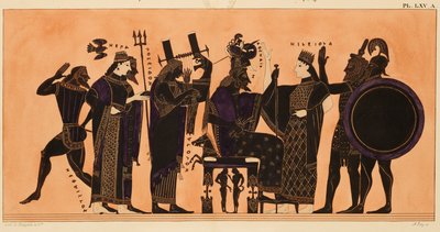 Tryk af dekorationen på en græsk amfora, der viser Hefaistos, Hera, Poseidon, Apollo, Zeus, Athena, Eileithyia, Herakles og Ares, ca. 1844 (akvarel og kropsfarve over litho på vævet papir) af Kaeppelin et Compagnie