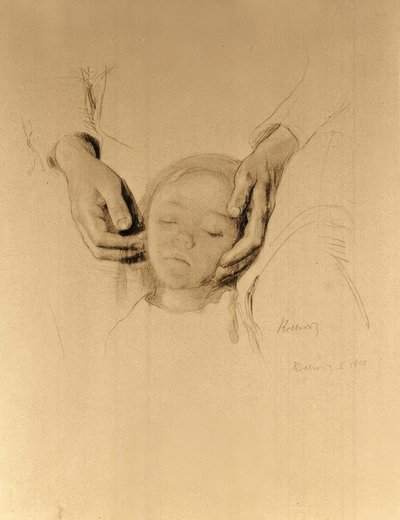 K. Kollwitz, et barnehoved i hænderne. af Käthe Kollwitz