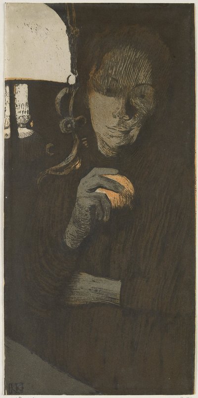 Portræt af en ukendt kvinde med orange ved en lampe Frau mit Orange (original titel) af Käthe Kollwitz