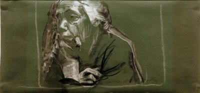 Selvportræt til venstre med hånden på hagen af Käthe Kollwitz