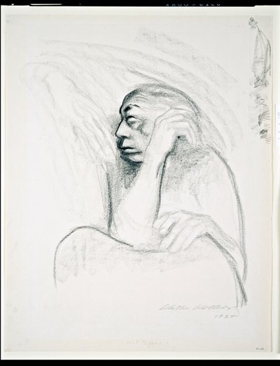 Selvportræt med dødens hånd, 1924 (trækul på papir) af Käthe Kollwitz