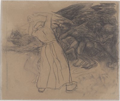 Stående folkekvinde tilskynder fremrykkende gruppe mænd Losbruch (original titel) af Käthe Kollwitz