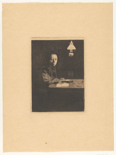 Portræt af en celle på bordet Selvportræt ved bordet (original titel) af Käthe Kollwitz