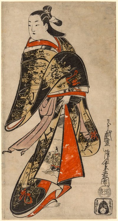 Courtesan Walking, ca. 1714 (håndkoloreret træsnit; tan-e, lodret o-oban) af Kaigetsudo Anchi