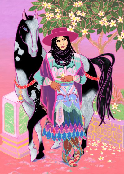 Cantones Cowgirl Waiting Under Plumeria, 2020 (akryl på bomuld) af Kam Tsz