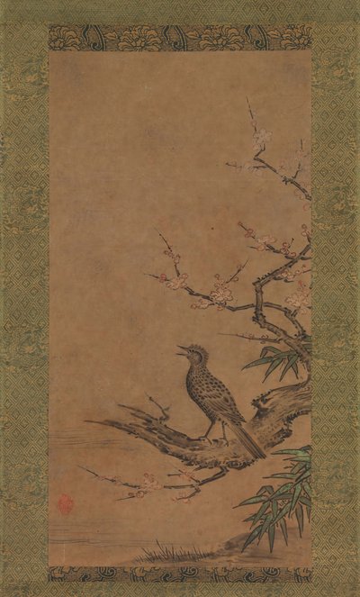 Brunøret Bulbul Hiyodori på en gren af blomme, midten til slutningen af det 16. århundrede. af Kano Shoei