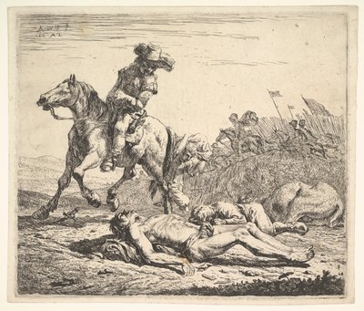 Slagmark med rytter, der kigger over sin venstre skulder mod afklædt lig på gro..., 1652. af Karel Du Jardin