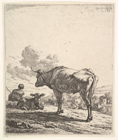 Kohyrde med ko og kalv på en bjergskråning, kohyrden set bagfra og siddende i ..., 1658. af Karel Du Jardin