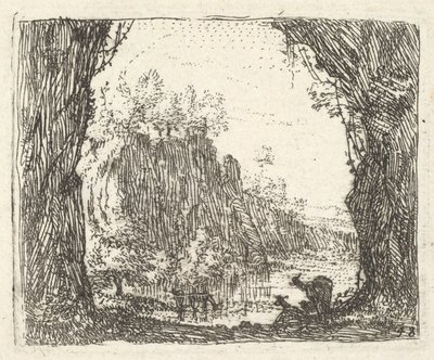 Landskab flankeret af træer i venstre og højre forgrund, silhuetter af to goa..., ca. 1641-78. af Karel Du Jardin