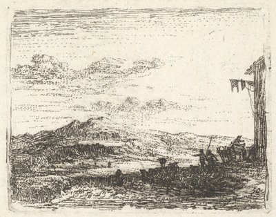 Landskab med hjørne af bygning og markise yderst til højre, to figurer og en hest-..., ca. 1641-78. af Karel Du Jardin