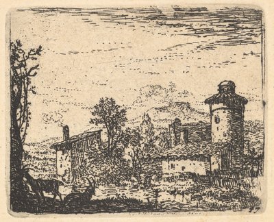 Landskab med to hornede geder i skygge i venstre forgrund, landsbybygninger bey..., ca. 1641-78. af Karel Du Jardin