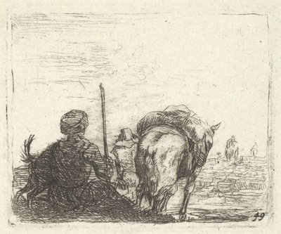 Pakhest, siddende mand med stav i højre hånd og hund, alt set bagfra..., ca. 1641-78. af Karel Du Jardin