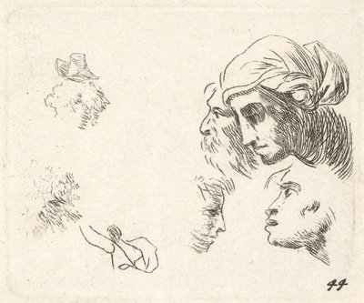 Studie af hoveder i profilvisning, en kvinde med hovedklæde og skægget mand, hvis hoveder ..., ca. 1641-78. af Karel Du Jardin