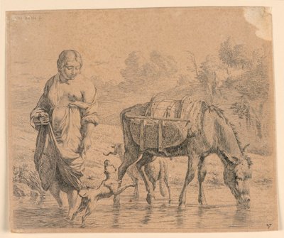 Landkvinden og sumpteren krydser en bæk af Karel Du Jardin