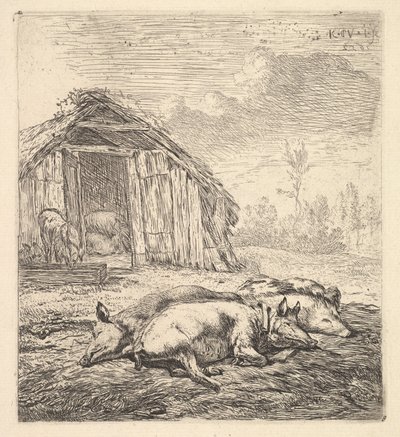 Tre grise liggende på siden, en svinestald og trug bagved, 1652. af Karel Du Jardin