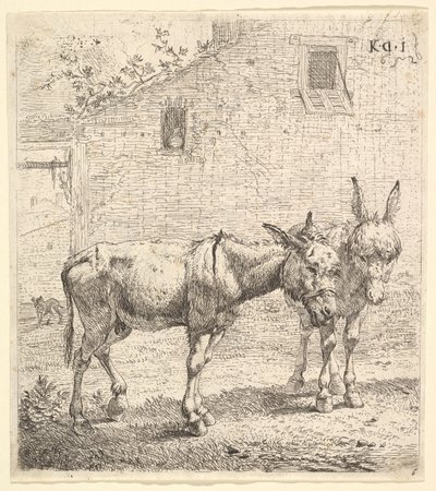 To æsler stående i en græsklædt gård, et i profilbillede mod højre og et andet bag..., 1652. af Karel Du Jardin