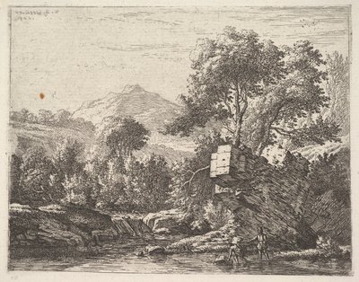 To mænd, der står ankeldybt i en vandmasse med et klippefremspring bag sig, til le..., 1658. af Karel Du Jardin