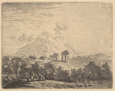 Udsigt over bjergskråning med ruiner, en akvædukt og bjergskrænt bagved, i forgrunden en m..., 1658. af Karel Du Jardin