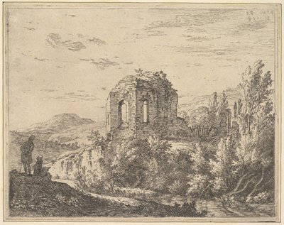 Udsigt over ruiner, der viser hjørnet af en bygning med to buede vinduer, i et landskab med..., 1658. af Karel Du Jardin