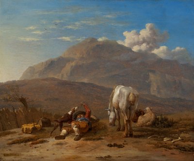 Italiensk landskab med en ung hyrde, der leger med sin hund af Karel Dujardin