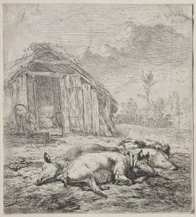 Tre svin, der ligger foran en stald af Karel Dujardin
