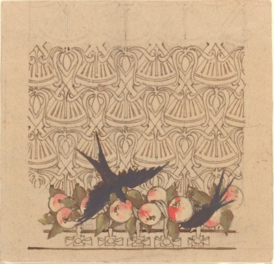 Ornamental design med to fugle, der hakker i frugt af Karel Vitezslav Masek