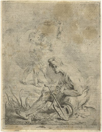 Flodgud ser på to putti af Karel Ykens (II)