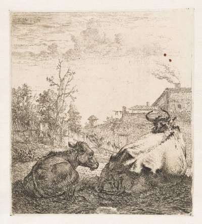 Liggende ko med kalv Dyr (serietitel) af Karel du Jardin (signed by artist)