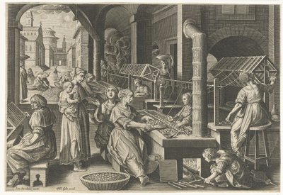 Oprulning af silken Introduktion af silkeorm og silkeproduktion i Europa (serietitel) Vermis Sericus (serietitel på objekt) af Karel van Mallery