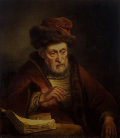 Gammel mand med et par briller af Karel van der Pluym