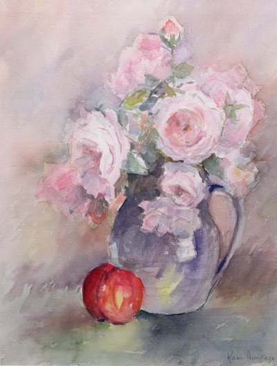 Pink Roses in a Blue Jug, 1994 (wc) af Karen Armitage