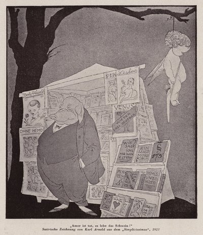 Amor hænger i et træ over en gadekiosk, der sælger pornografi (litho) af Karl Arnold